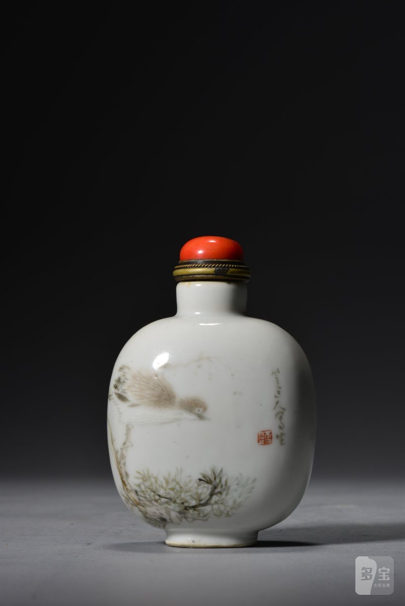 清光绪 程门浅绛彩花鸟大号鼻烟壶 - 图7